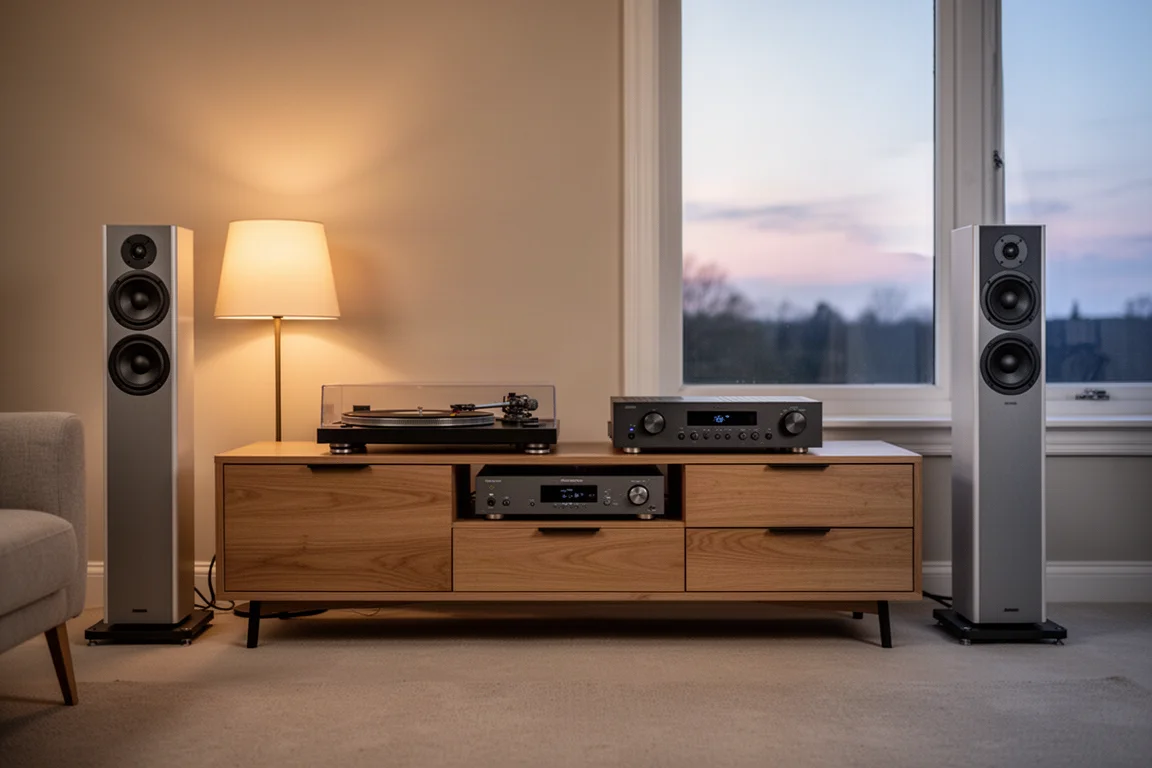 Système hi-fi deux canaux avec platine vinyle et enceintes colonnes au crépuscule