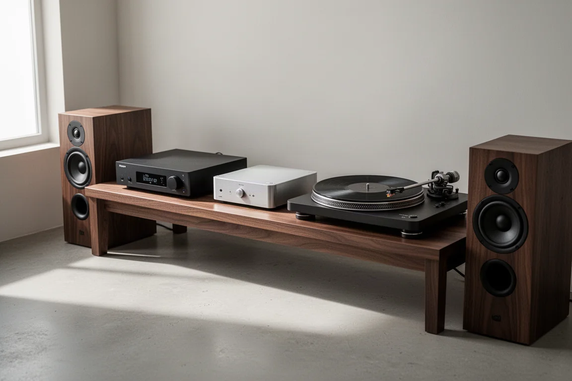 Compact streamer, converter, and turntable arranged on a walnut hi-fi shelf