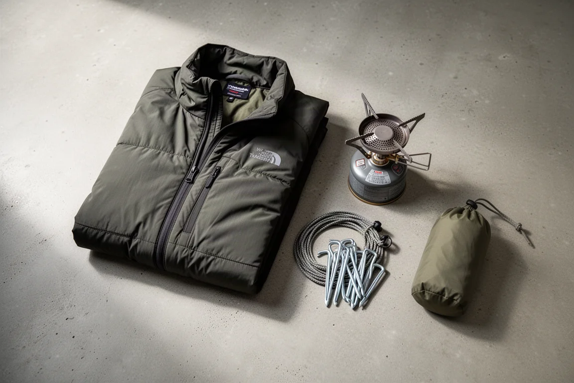 Overhead flat-lay of camping accessories on a concrete surface with a folded jacket and stove