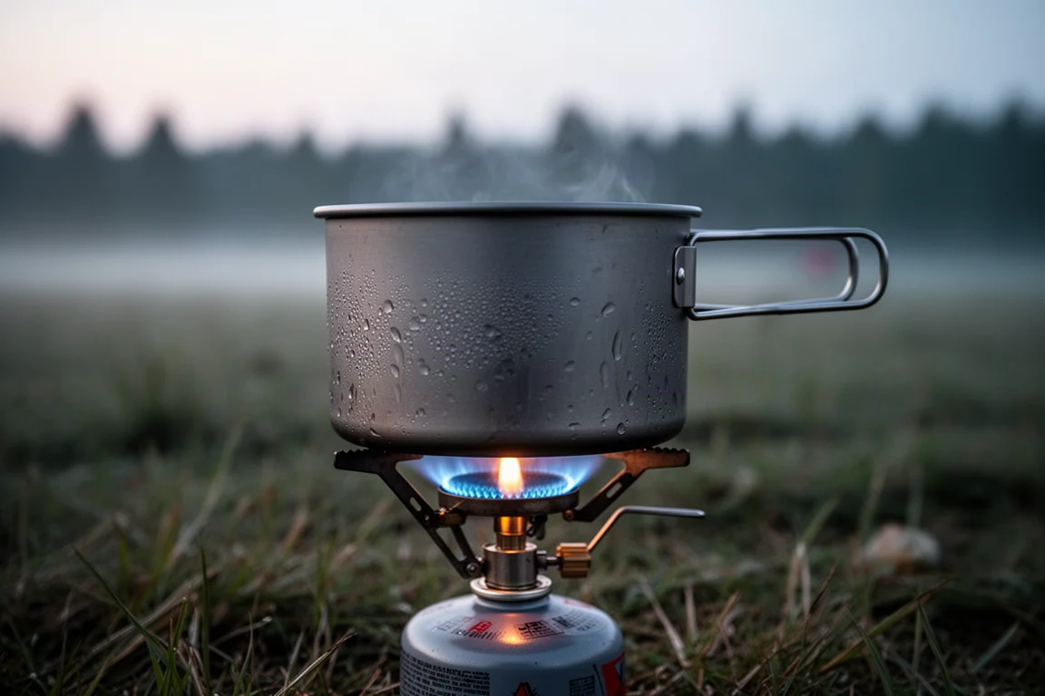 Small camping stove burner with a low blue flame heating a metal pot at dawn