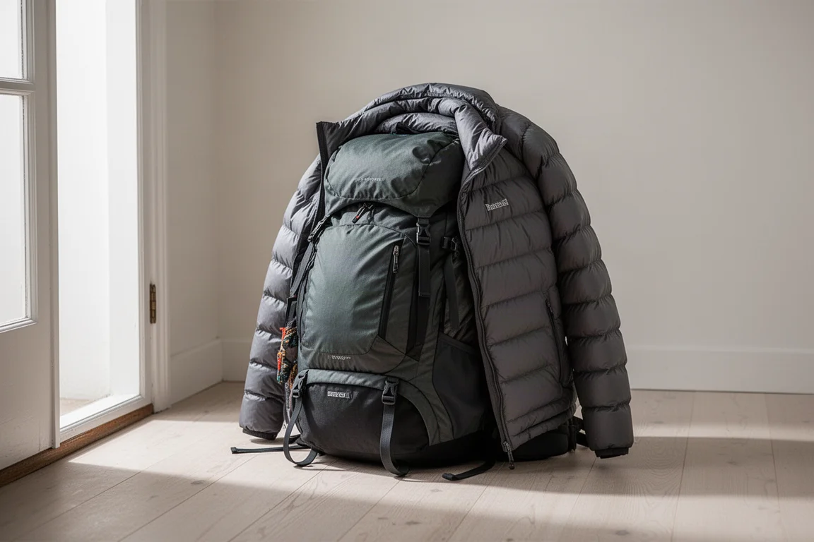 Lightweight down jacket draped over a packed rucksack on a wooden floor