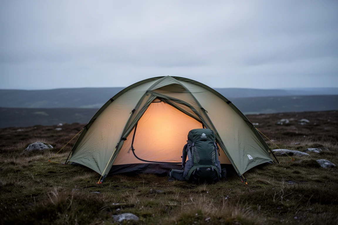 Lightweight tent pitched on a moorland ridge at dusk with a rucksack beside it