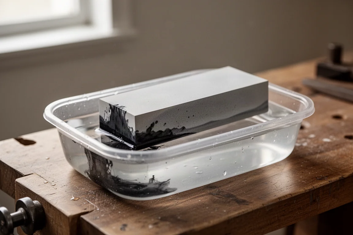 Whetstone soaking in a water container with the surface ink beginning to run