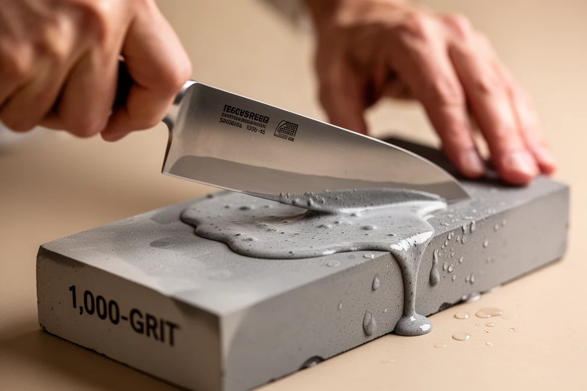 Chef sharpening a stainless gyuto on a wet 1,000-grit stone with slurry building