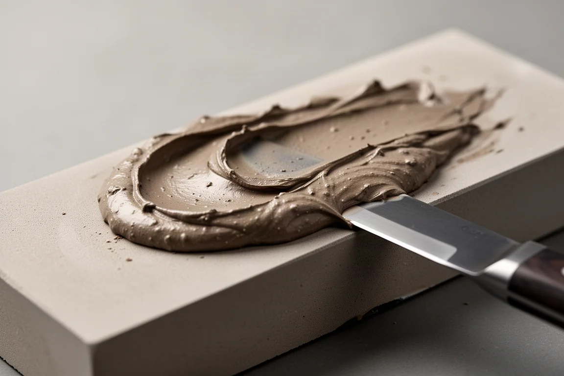 A 3,000-grit stone covered in rich muddy slurry after sharpening