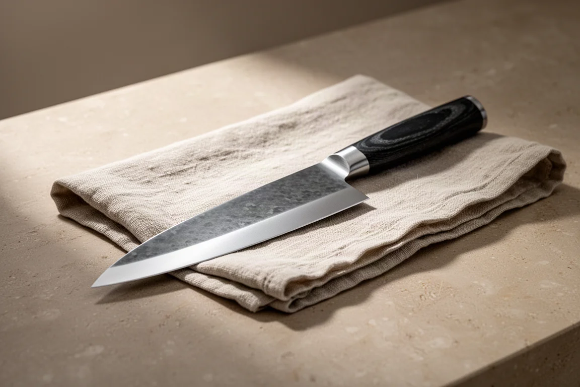 Finished carbon steel blade with a polished satin edge resting on a linen cloth