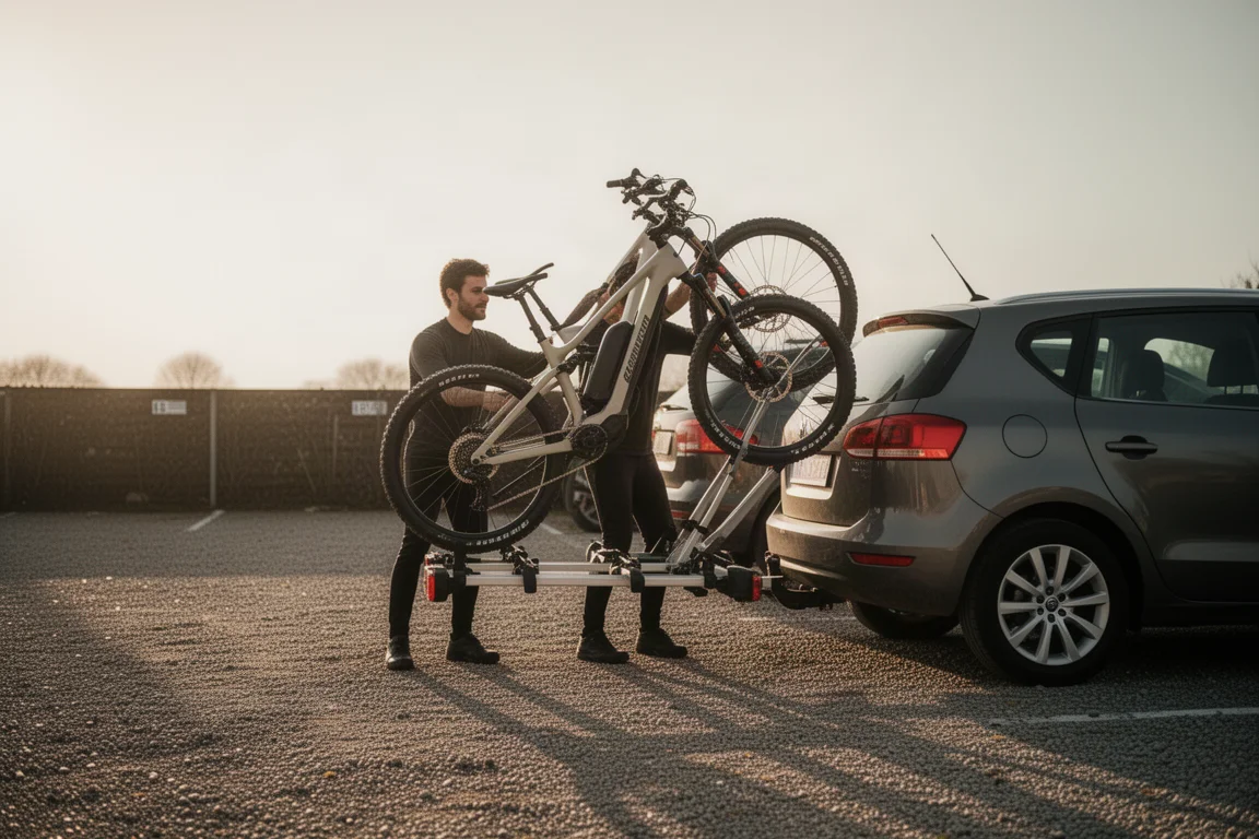 ゴールデンアワーの砂利駐車場で電動マウンテンバイクを車のキャリアに載せるライダー