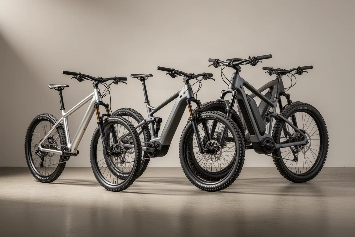 Drei E-Mountainbikes unterschiedlicher Bauart aufgereiht auf einem Betonboden im Studio