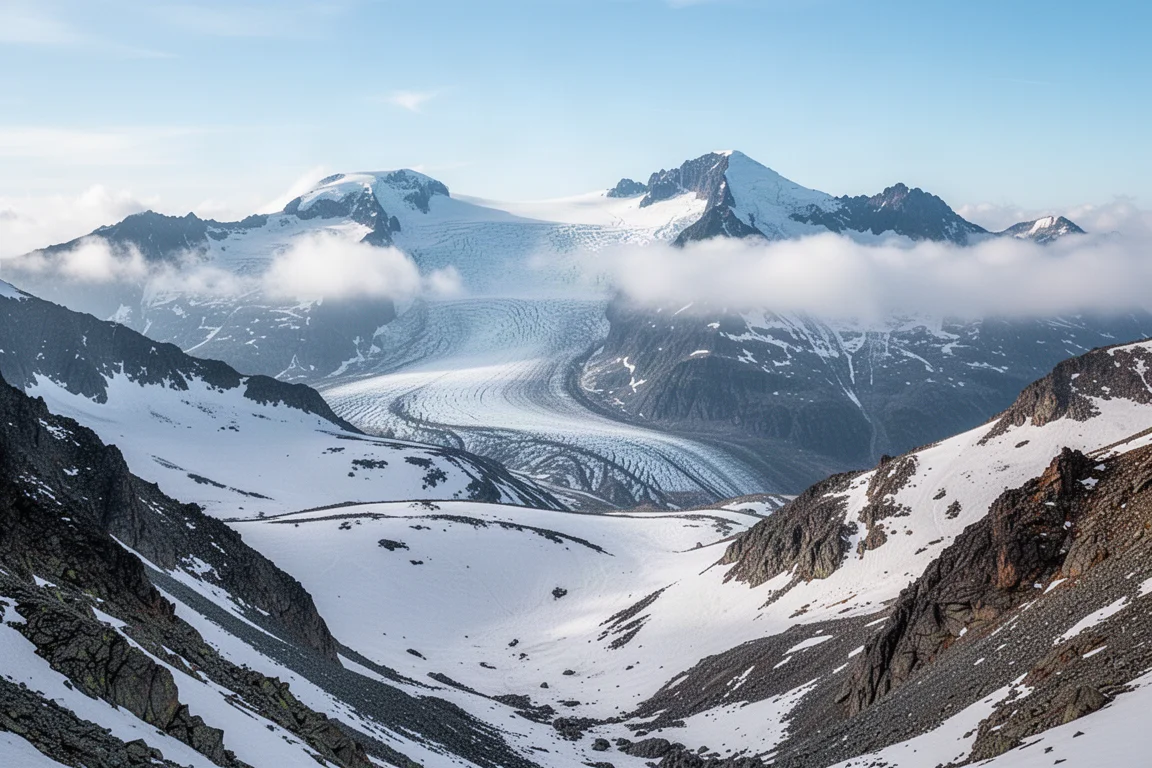 Hochalpiner Ausblick über weite, schneegefüllte Mulden, getrennt durch felsige Grate