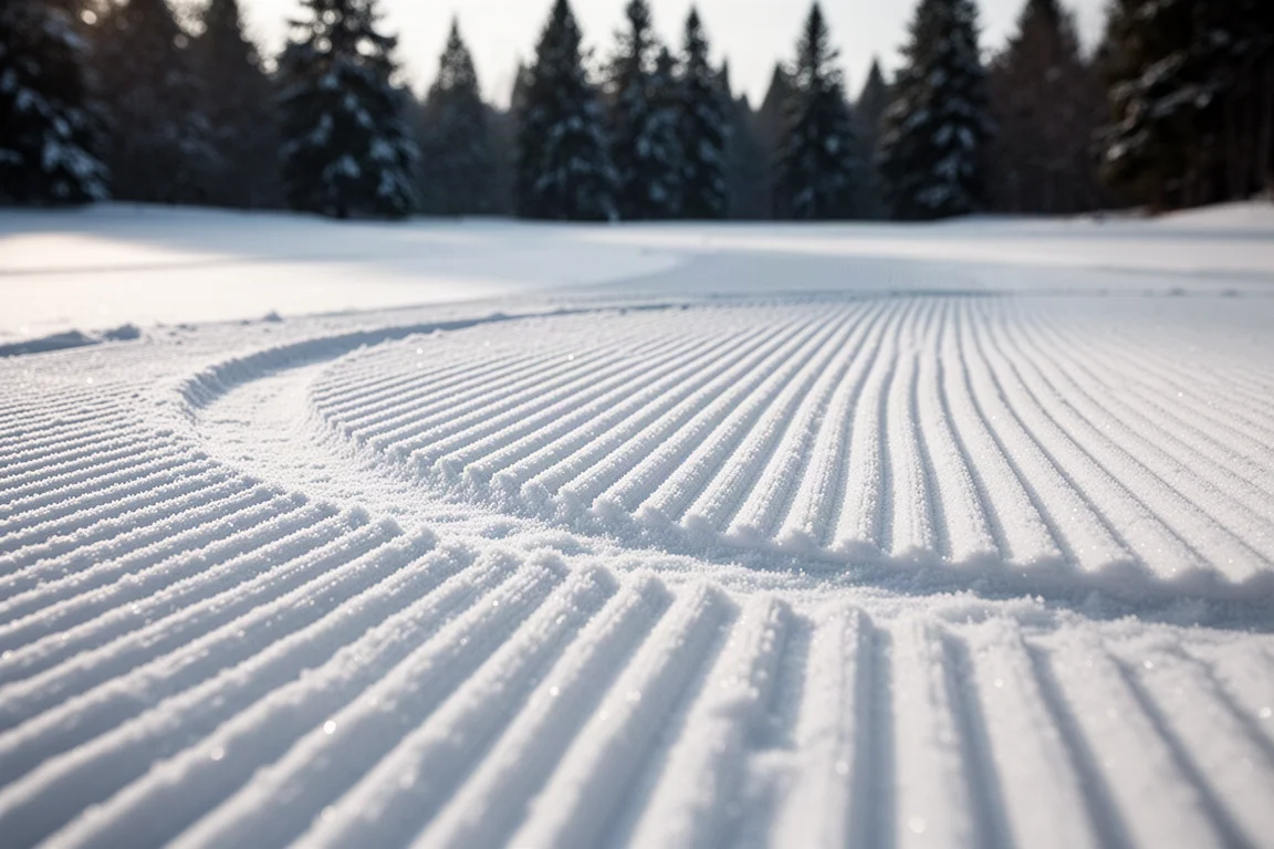 Nahaufnahme von präpariertem Schnee mit langen geschnittenen Schwüngen darüber