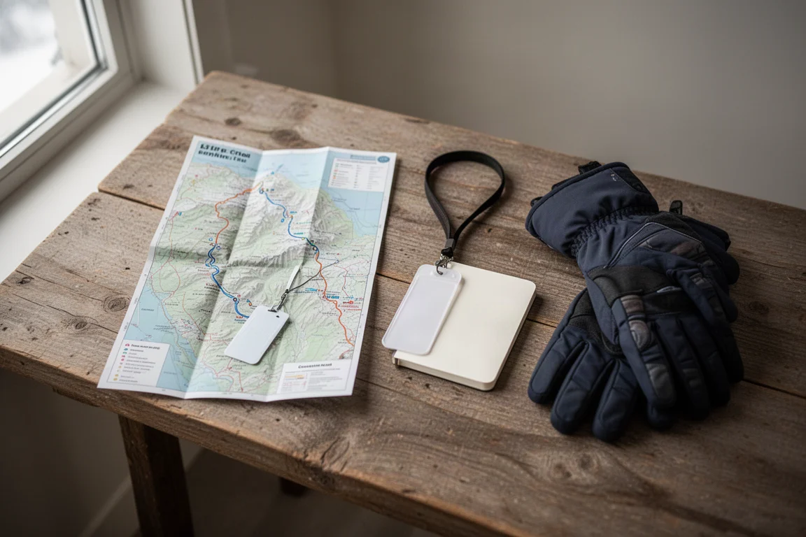 Pistenplan, Liftpass, Notizbuch und Skihandschuhe flach auf einem Holztisch arrangiert