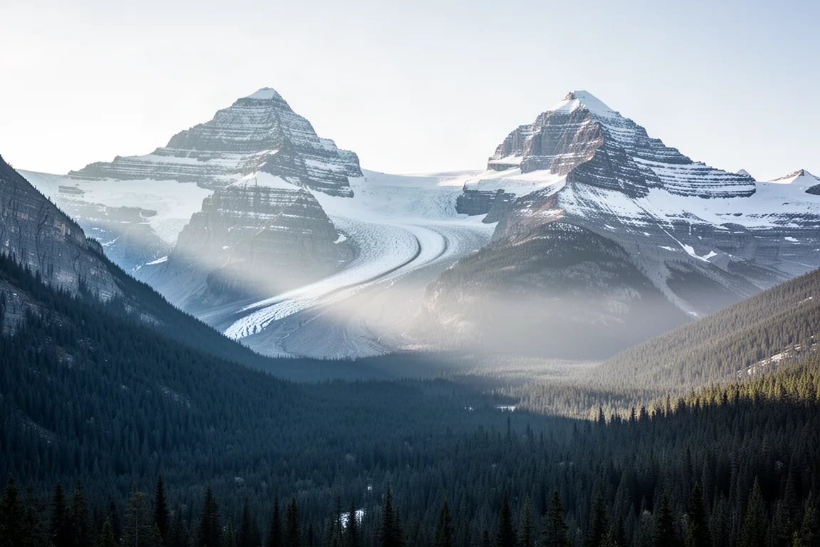 Two snow-covered coastal mountain peaks above a forested valley in soft morning light