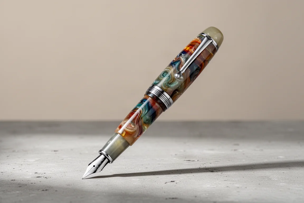 Handcrafted swirled resin artisan fountain pen standing on a concrete surface