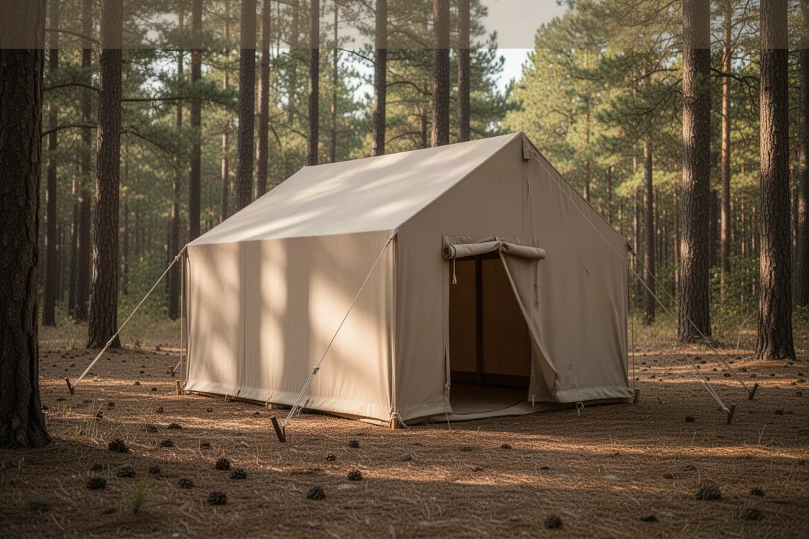 Canvas wandtent op een open plek in het bos met strak gespannen scheerlijnen