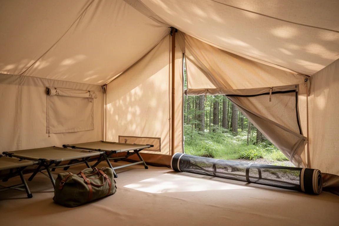 Interieur van een canvas tent met veldbedden en een opgerold mesh paneel