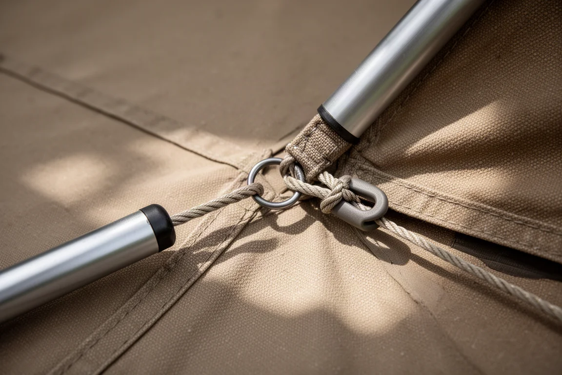 Close-up van canvas stof, scheerlijn en metalen spanhardware