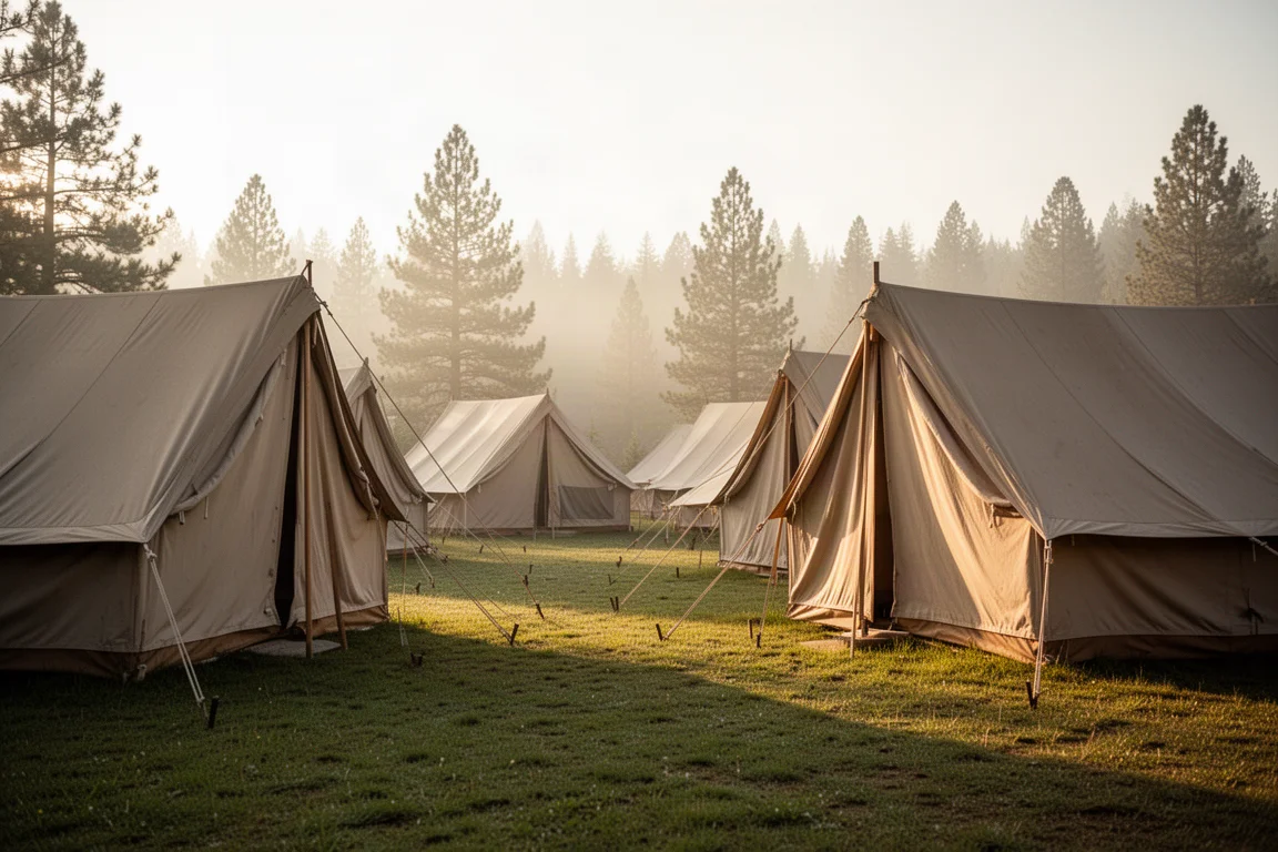 Several canvas wall tents pitched side by side in a forest campground at golden hour