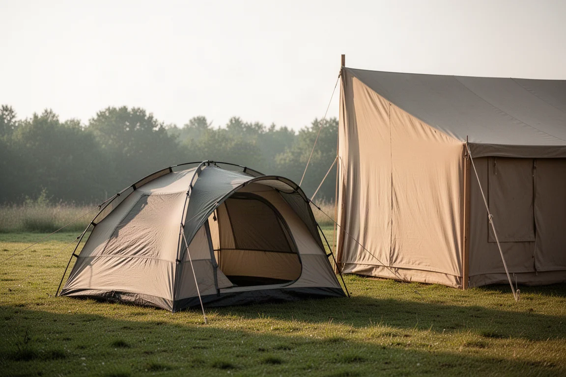 Dome-style family tent pitched on grass beside a tall canvas wall tent