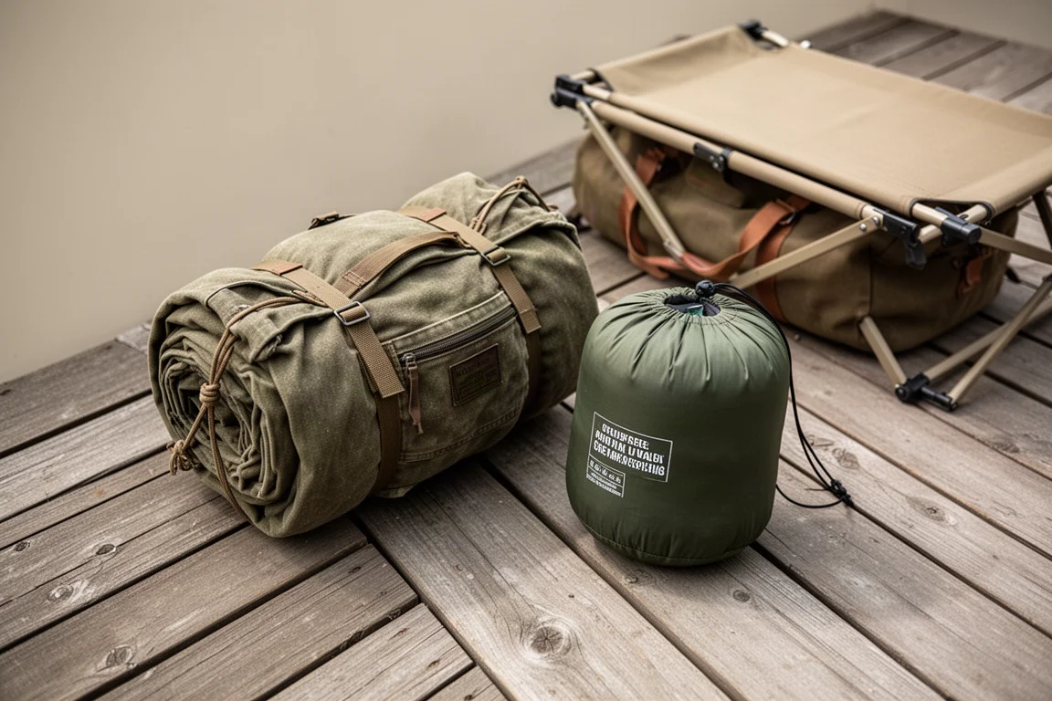 Packed canvas tent bundle and compact tent stuff sack on a wooden deck