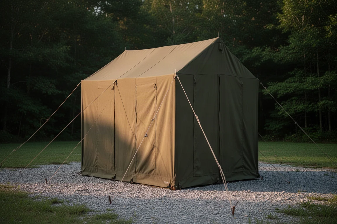 Tall canvas wall tent with vertical sidewalls pitched on a campsite with treeline behind