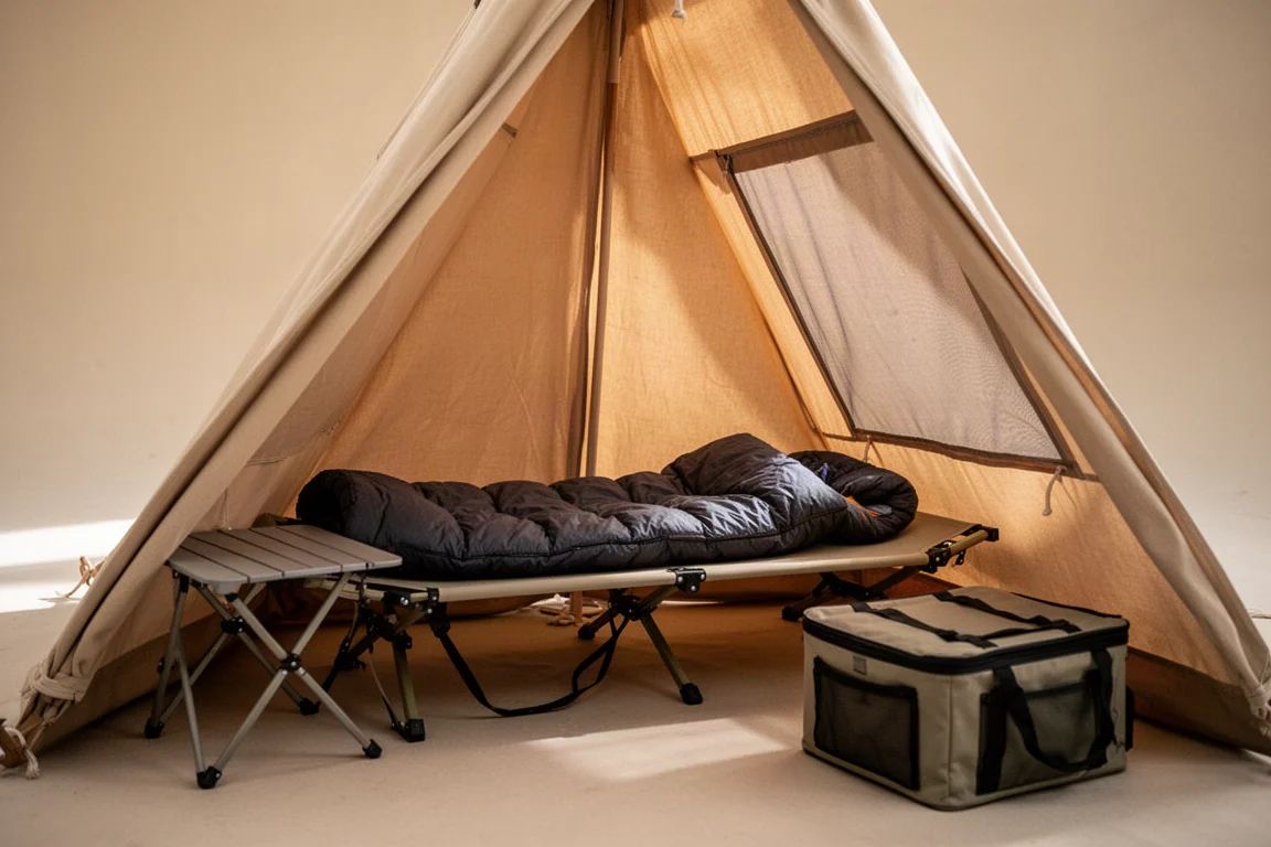 Interior of a small canvas tent with a cot, sleeping bag, and folding table