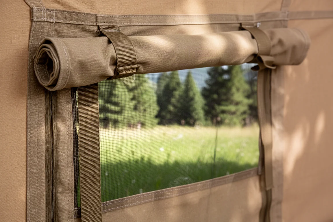 Canvas tent side wall rolled up to reveal a fine mesh screen panel