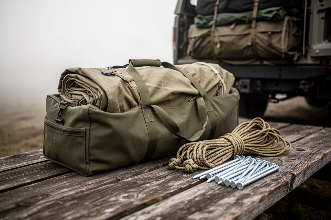 Rolled canvas tent in a carry bag with stakes on weathered wooden planks