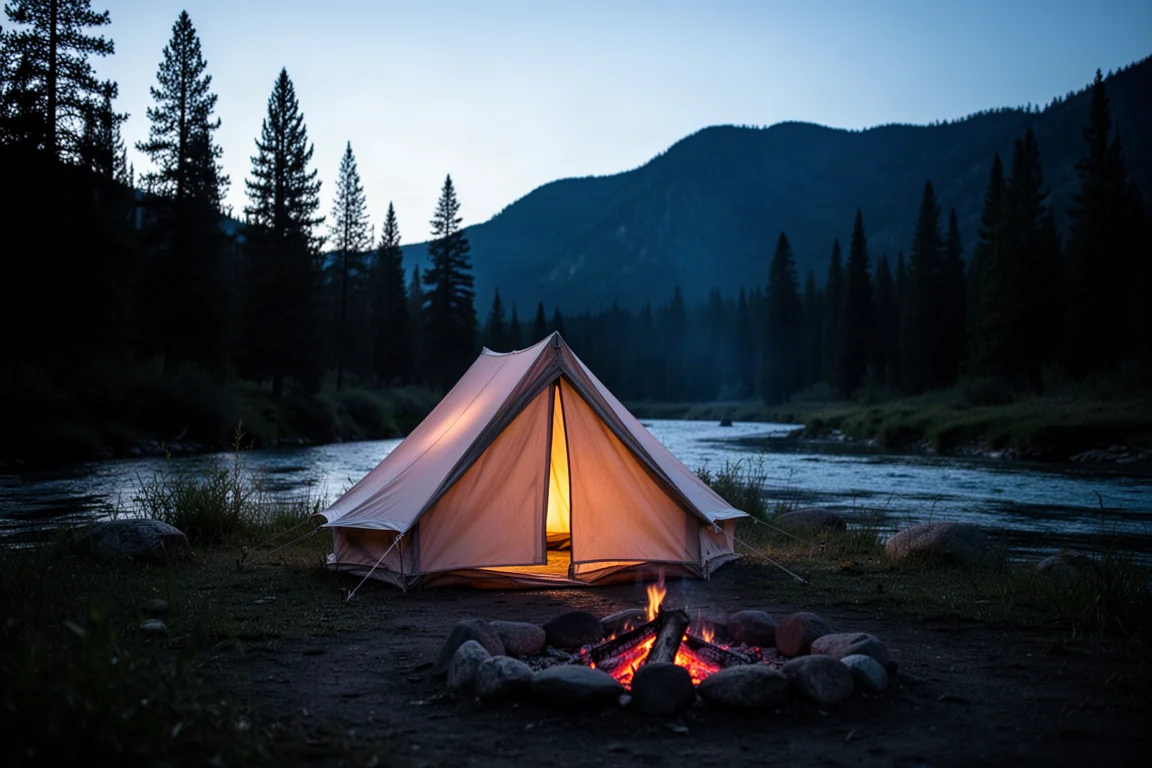 Small canvas tent glowing at dusk in a river valley with pine trees