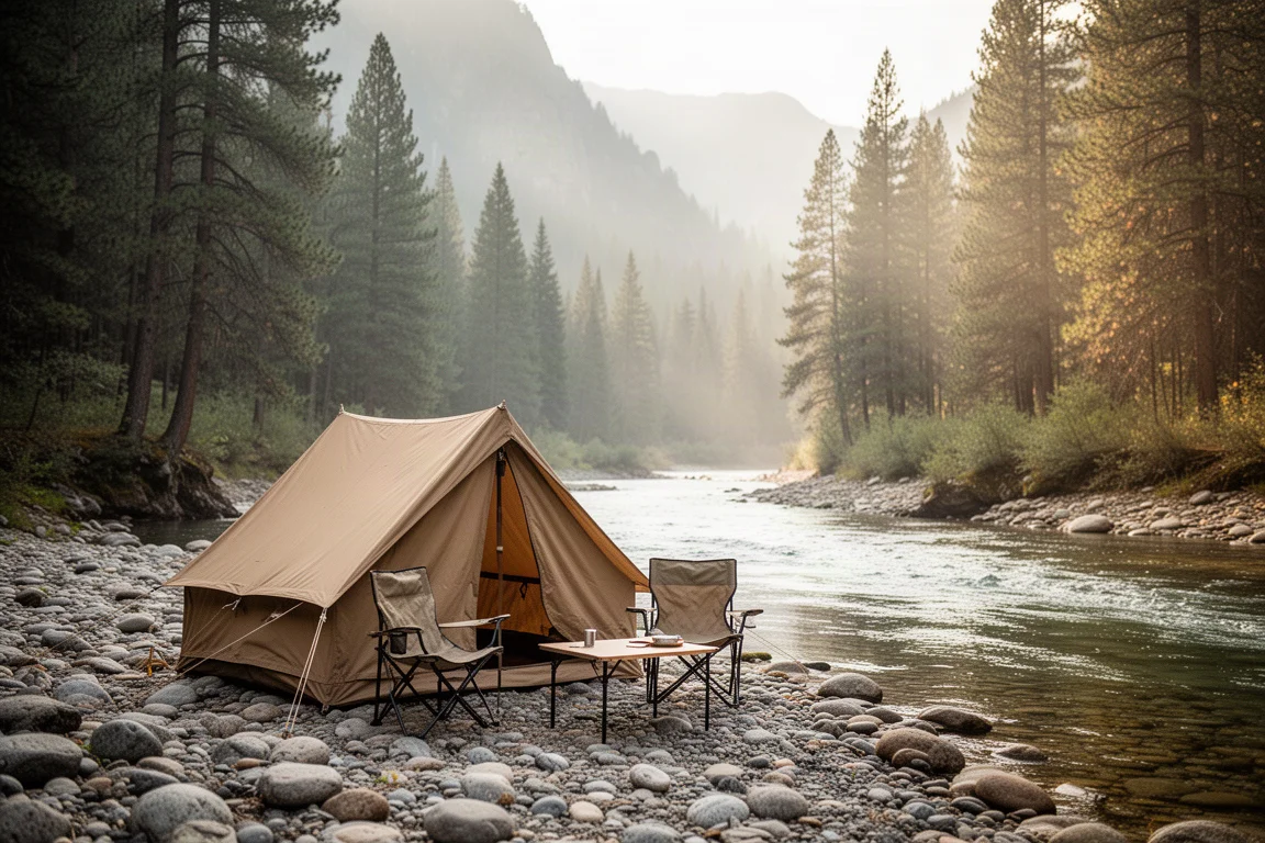 Kleine zandkleurige canvas tent opgezet langs een rivieroever in een dennenvallei met een campingstoel buiten