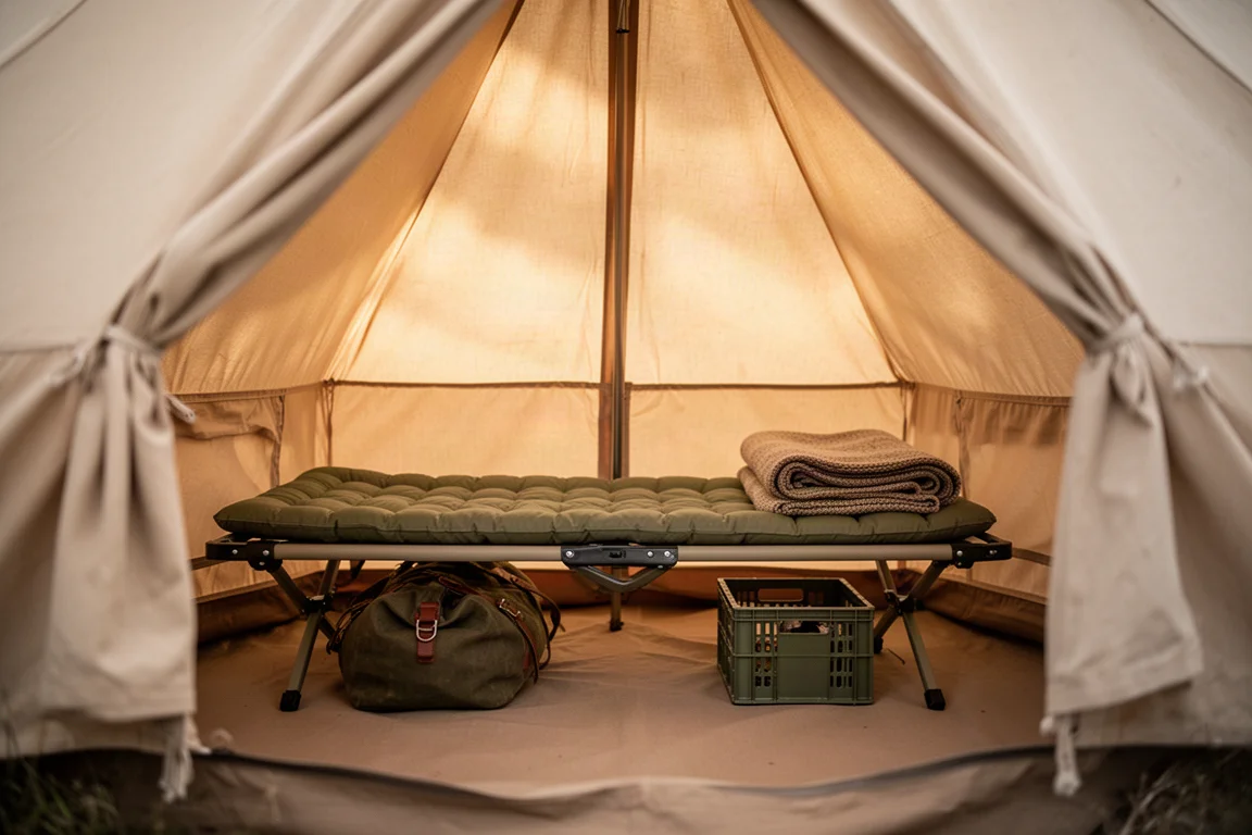 Interieur van een compacte canvas tent met een laag veldbed, slaapmat en uitrusting die eronder is opgeborgen