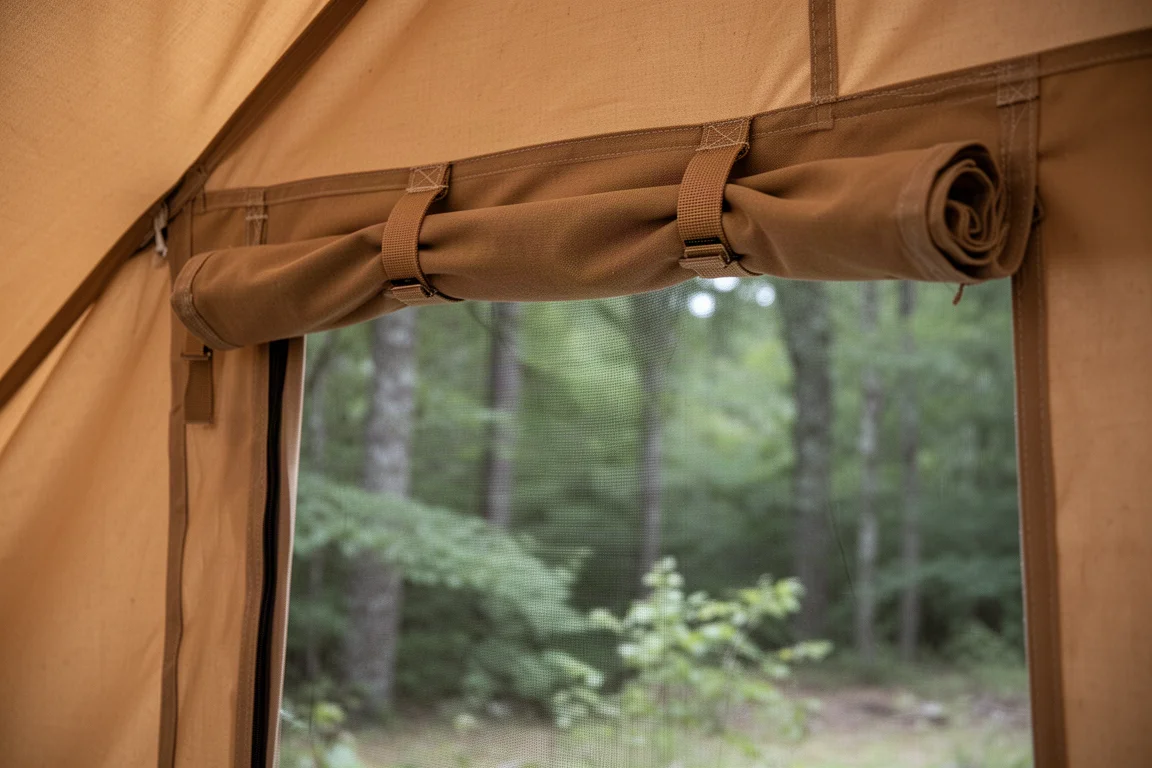 Opgerolde zijwand van canvas tent vastgezet met lusbanden die een gaaspaneel van mesh onthullen