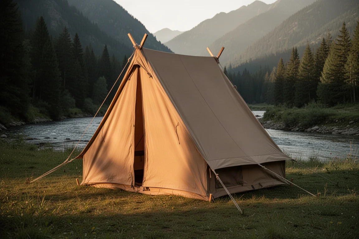 Tan canvas A-frame tent pitched in a mountain valley clearing at golden hour
