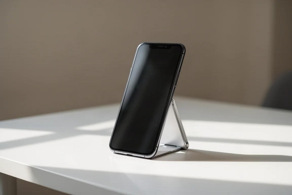 木製デスクの上、コンパクトな折りたたみスタンドで持ち上げられたスマートフォン