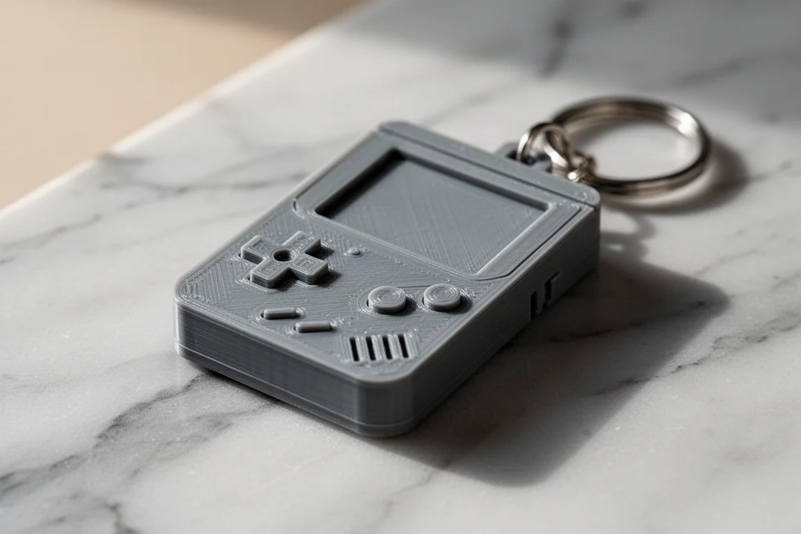キーホルダーの横に置かれた、ゲームボーイを模した小さなグレーのフィジェットガジェット