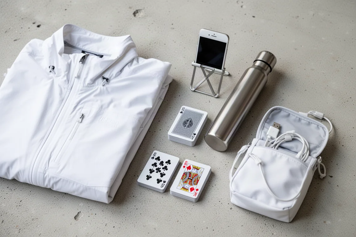 Flat-Lay mit weißen Everyday-Carry-Accessoires auf einer hellen Betonoberfläche
