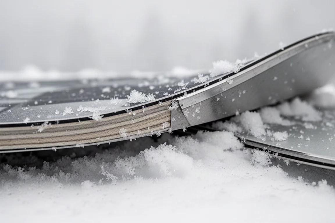 雪板鋼邊與側板緊貼壓實積雪與冰晶的特寫