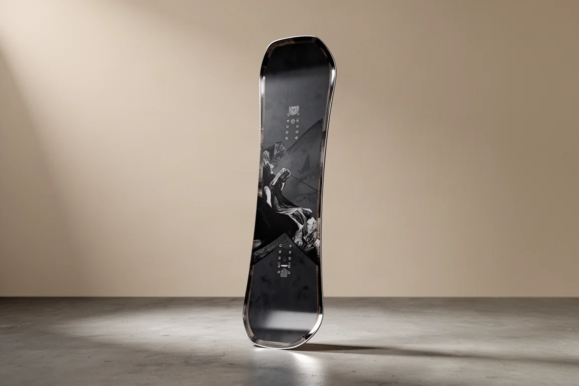 Freestyle snowboard with a true twin shape standing upright on a concrete surface
