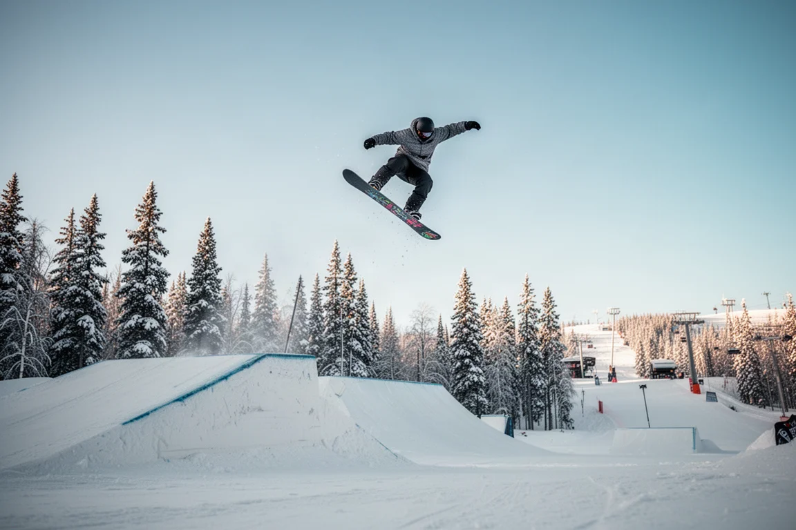 Snowboarder popping off a park jump with the tail loaded