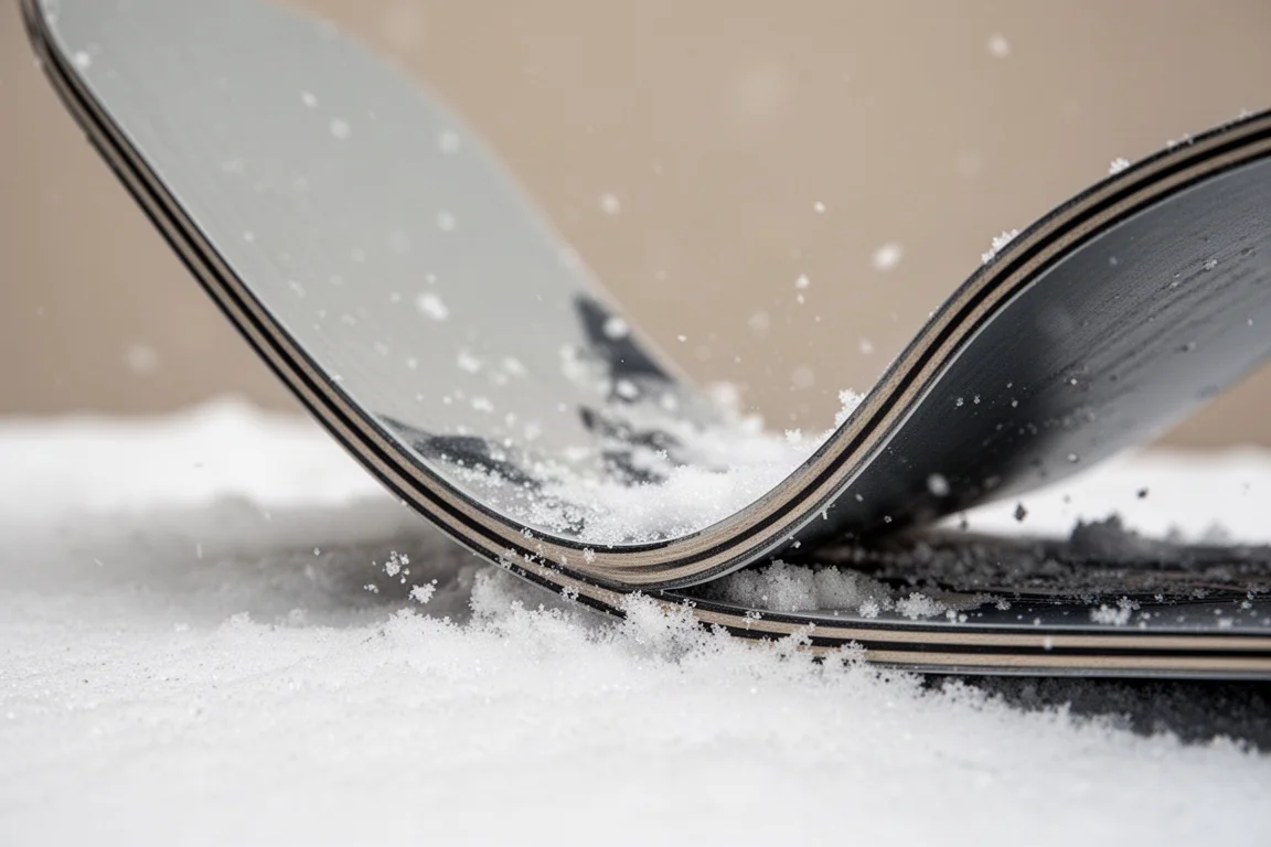 Close-up of a snowboard nose flexing under pressure in powder-edged snow