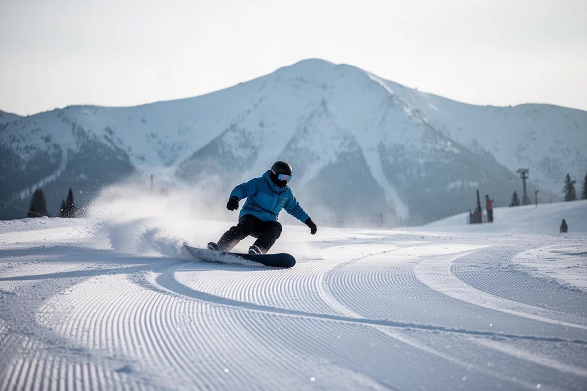 Snowboarder carving a clean arc down a groomed resort run