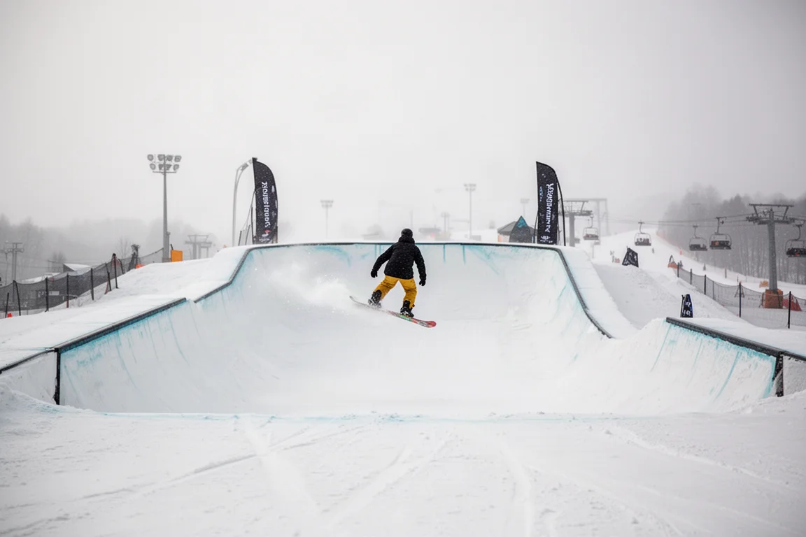 Snowboarder approaching a large park jump with speed