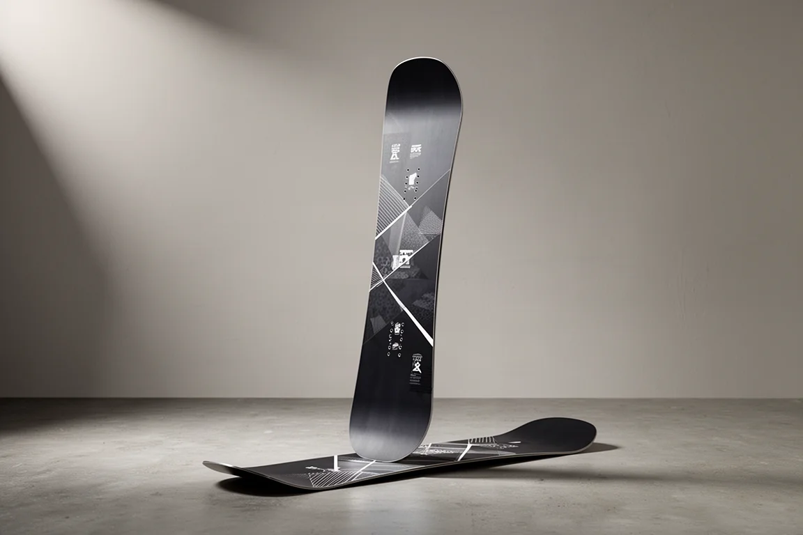 Freestyle snowboard standing upright showing camber profile on grey backdrop