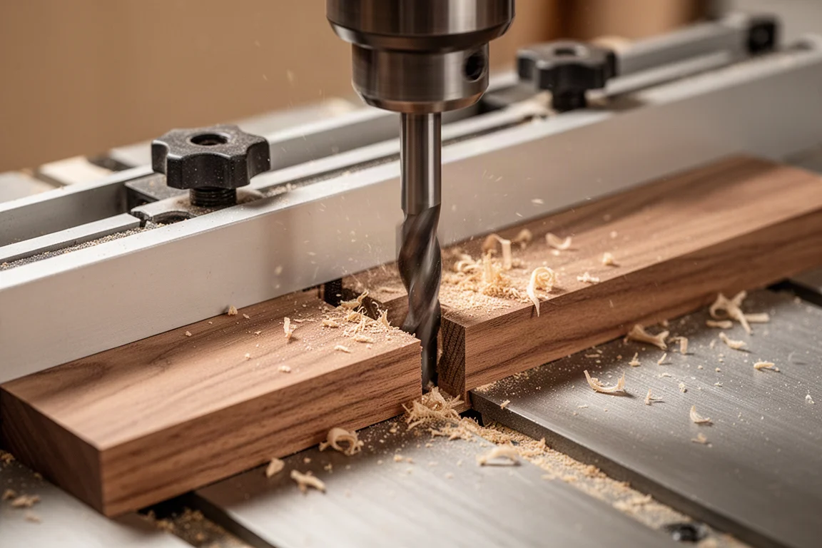 Nahaufnahme eines Frästisches mit einem Nutfräser, der eine Nut in ein Holzbrett schneidet