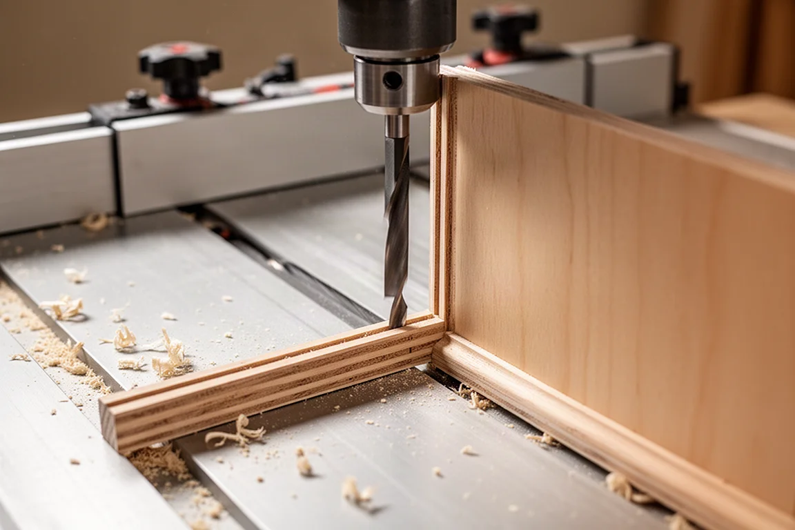 Fräser in einem Frästisch montiert, der eine Nut in ein Schrankseitenpanel schneidet