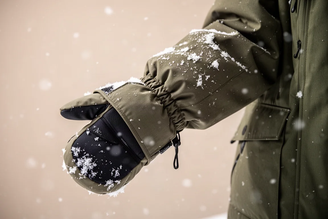 Primer plano de un puño de chaqueta extendido sobre un mitón de snowboard