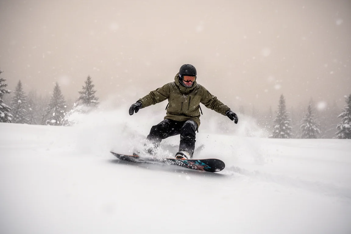 Snowboarder surcando nieve polvo fresca mientras cae nieve