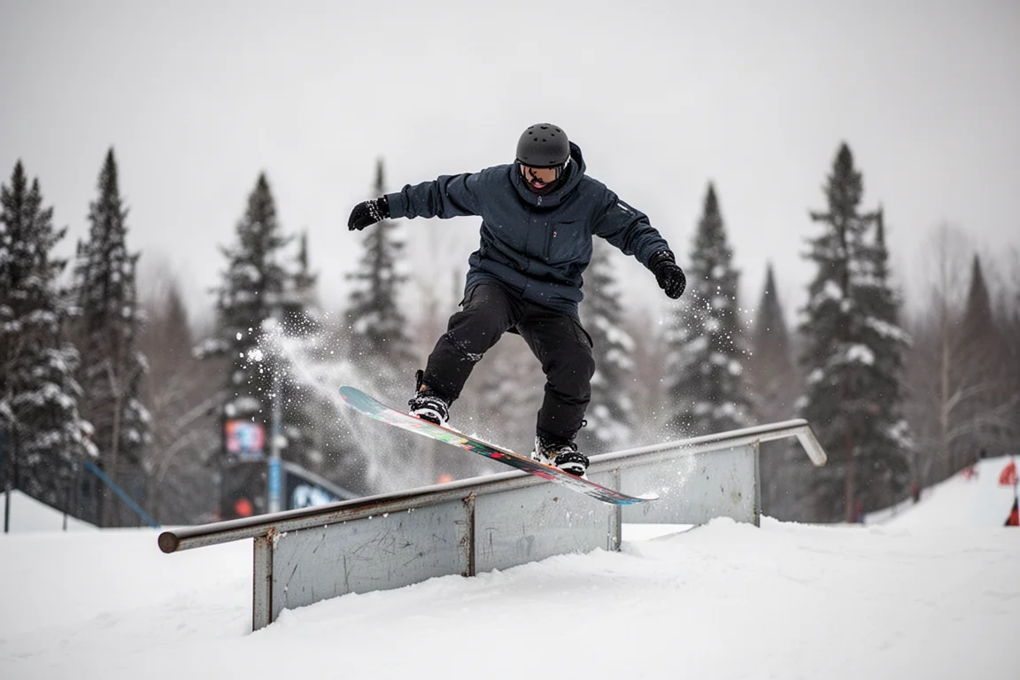 Snowboarder pressing on a park rail in soft winter light