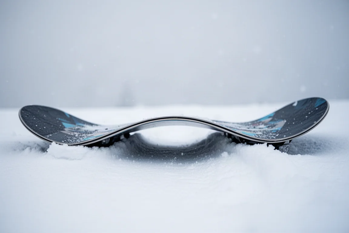 Close-up of a snowboard camber profile resting on snow
