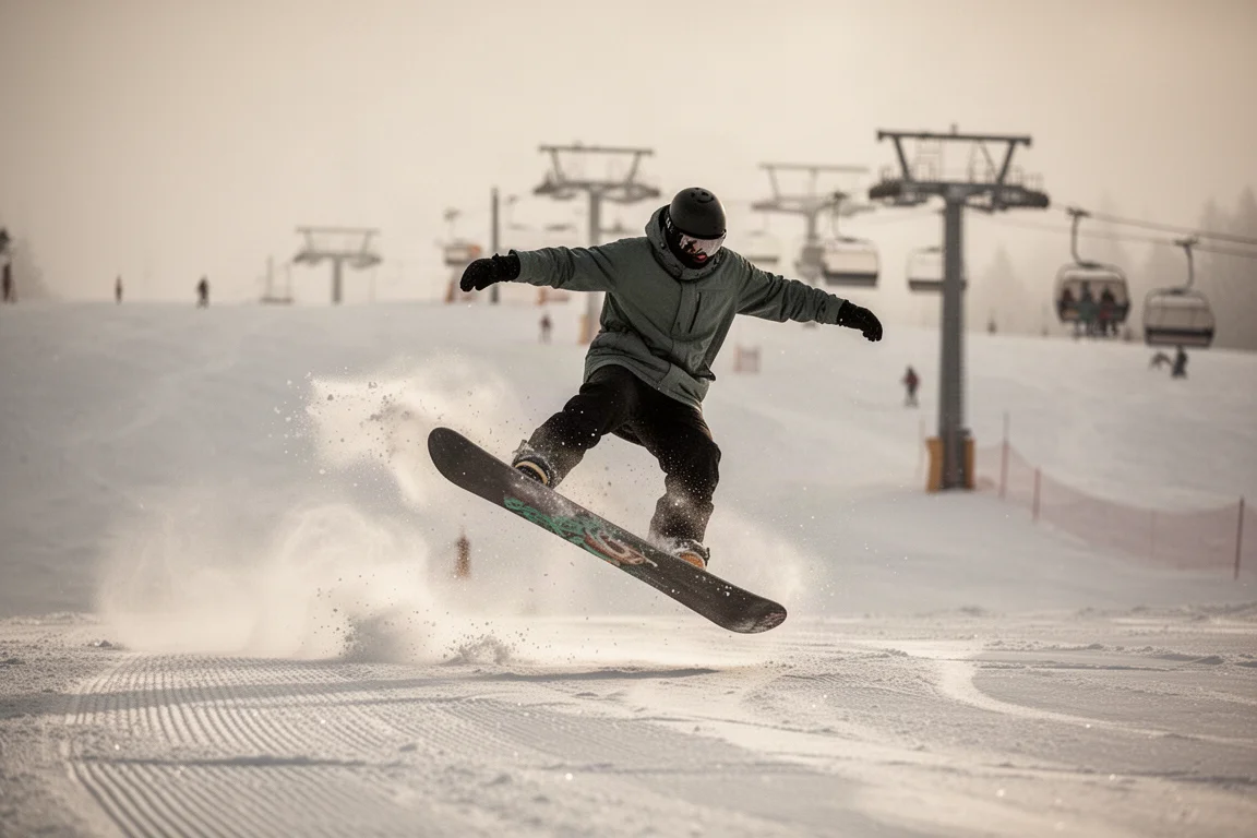 Snowboarder buttering on flat ground at the resort