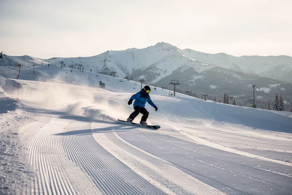 Snowboarder carving a groomed resort run between park laps